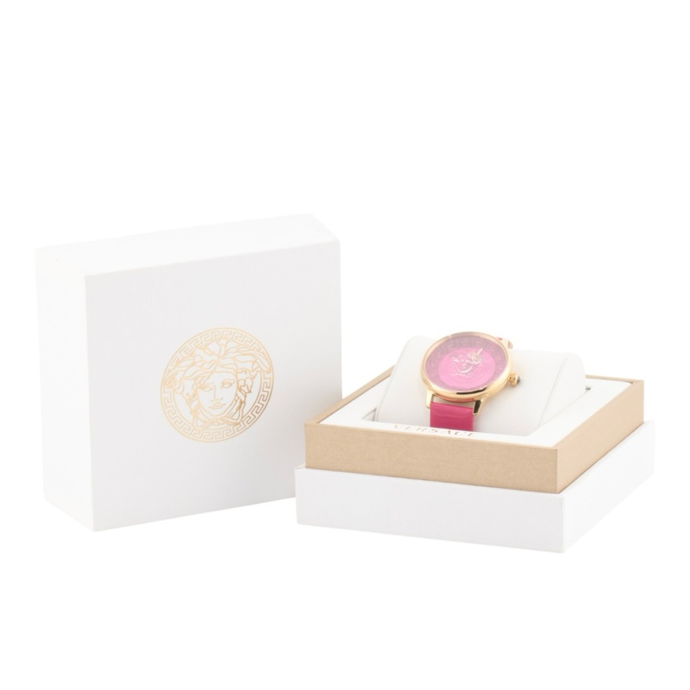 Hot Pink & Gold Women’s Swiss Made Medusa Leather Strap Versace Watch - Picture 3 of 4